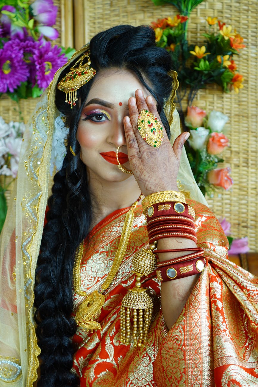 a bride wearing traditional wedding dress and accessories